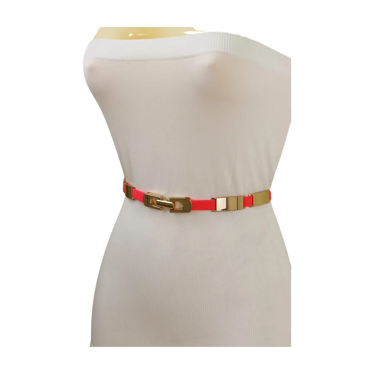 Neon Coral Pink Elastic Skinny Belt Gold Metal Buckle S M L