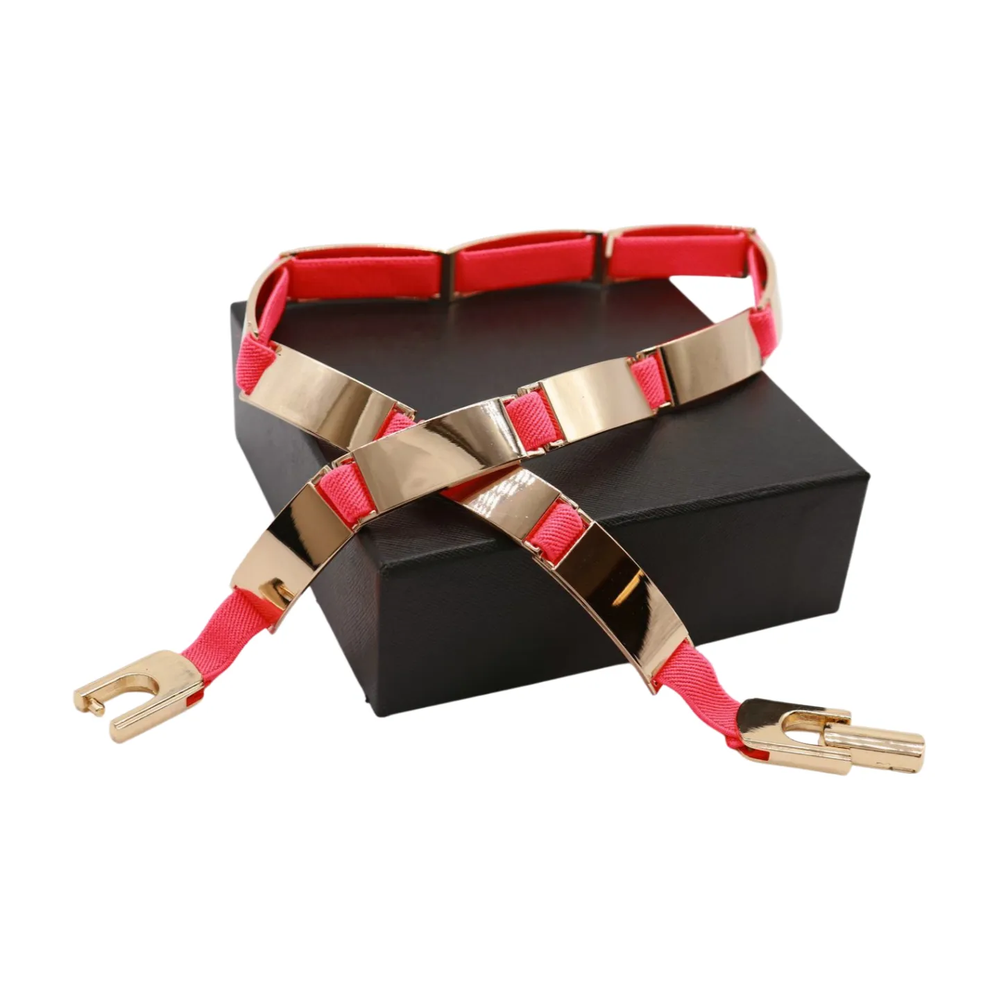 Neon Coral Pink Elastic Skinny Belt Gold Metal Buckle S M L