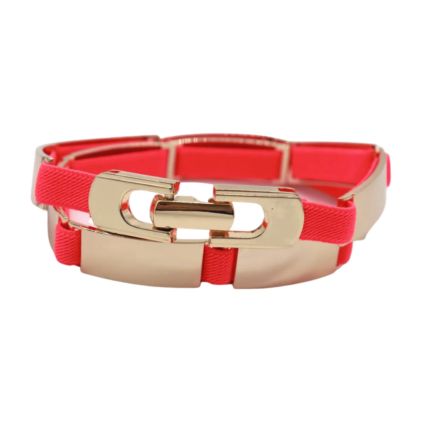 Neon Coral Pink Elastic Skinny Belt Gold Metal Buckle S M L