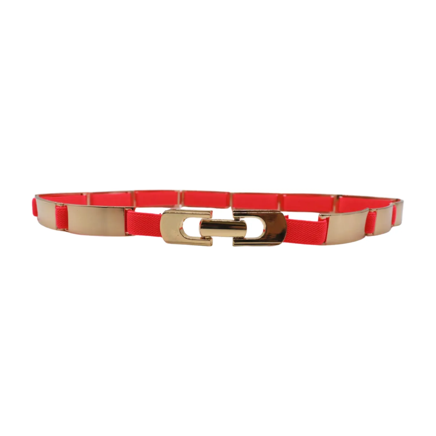 Neon Coral Pink Elastic Skinny Belt Gold Metal Buckle S M L