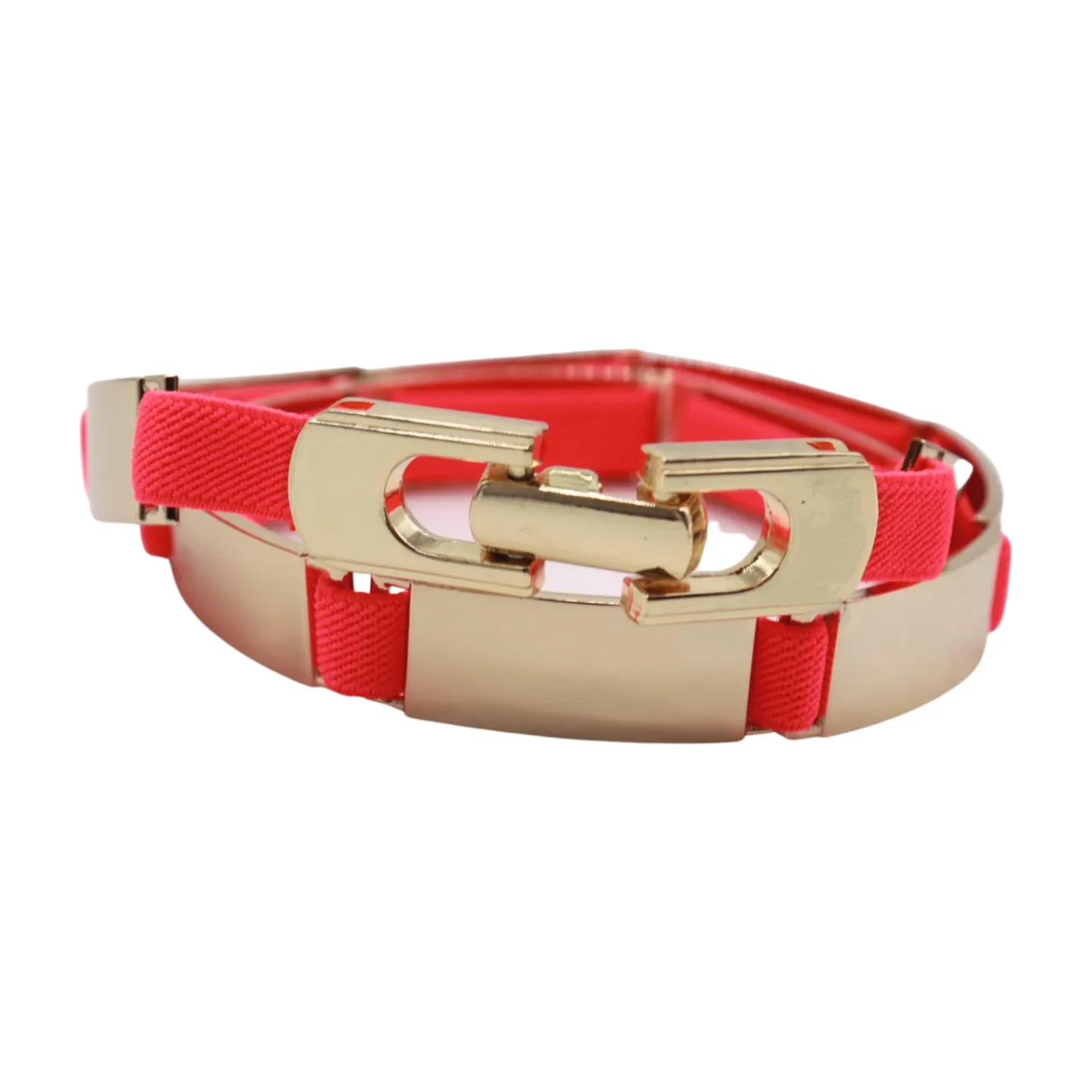 Neon Coral Pink Elastic Skinny Belt Gold Metal Buckle S M L