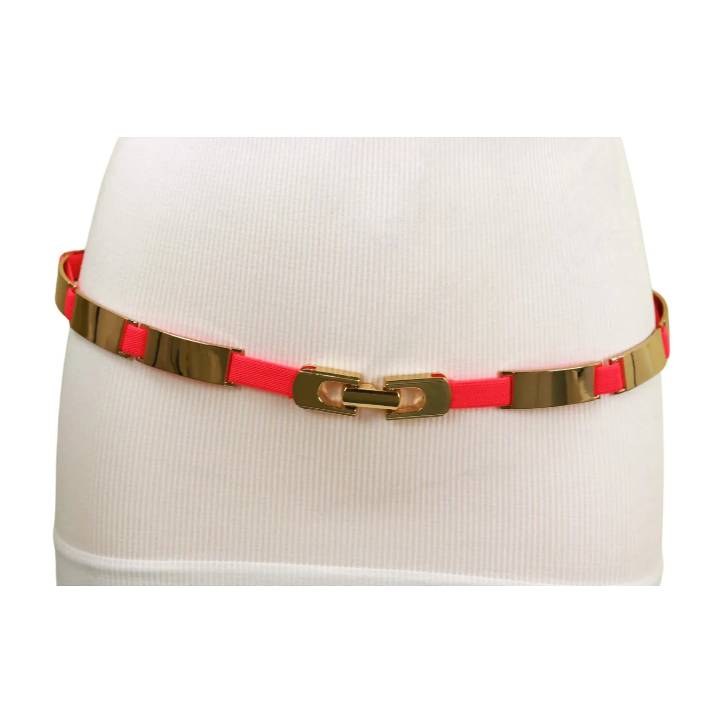 Neon Coral Pink Elastic Skinny Belt Gold Metal Buckle S M L