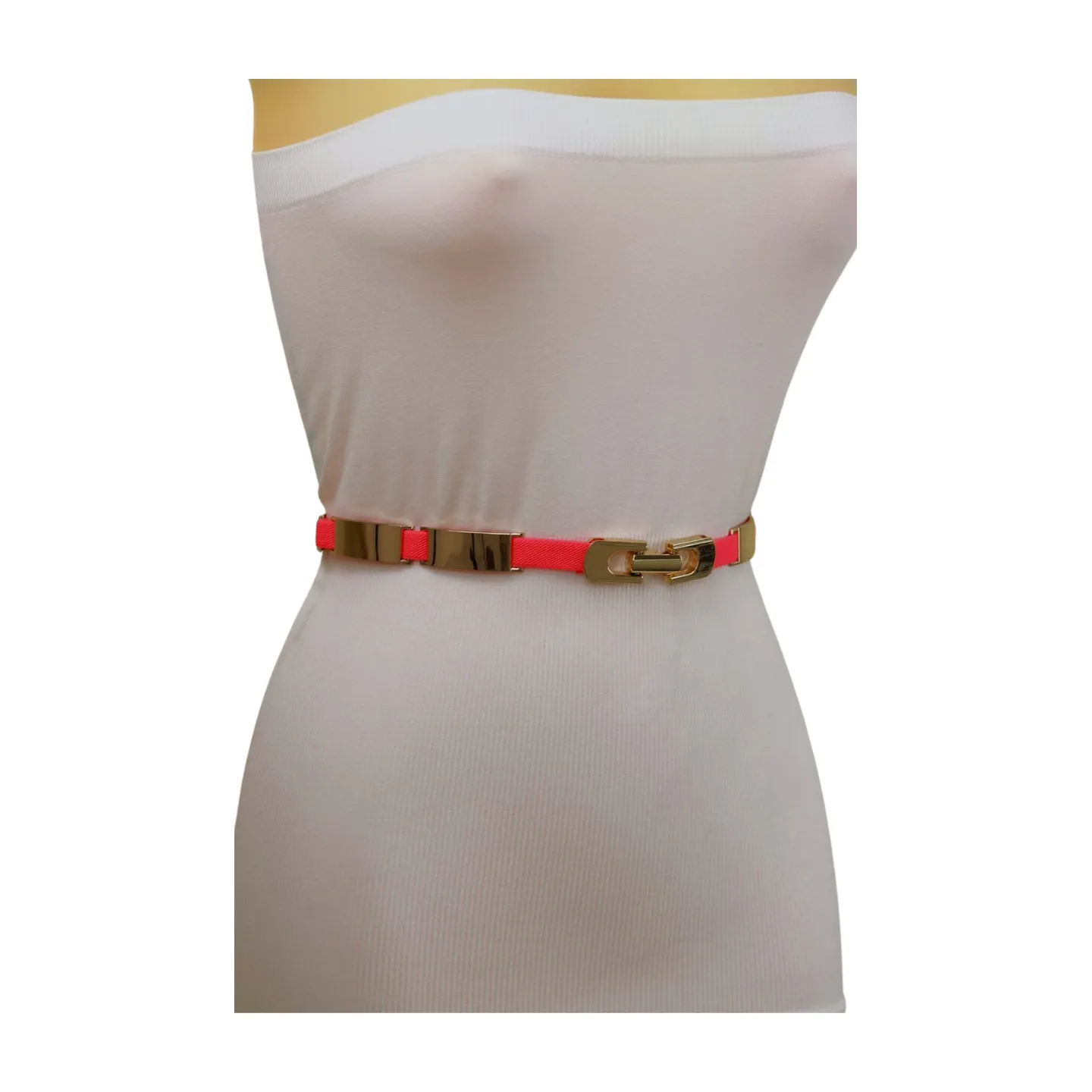 Neon Coral Pink Elastic Skinny Belt Gold Metal Buckle S M L