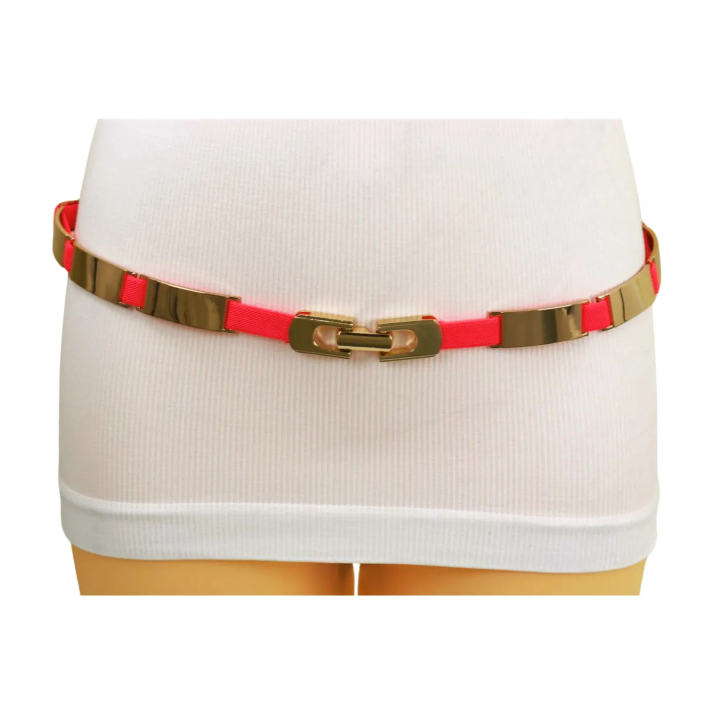 Neon Coral Pink Elastic Skinny Belt Gold Metal Buckle S M L