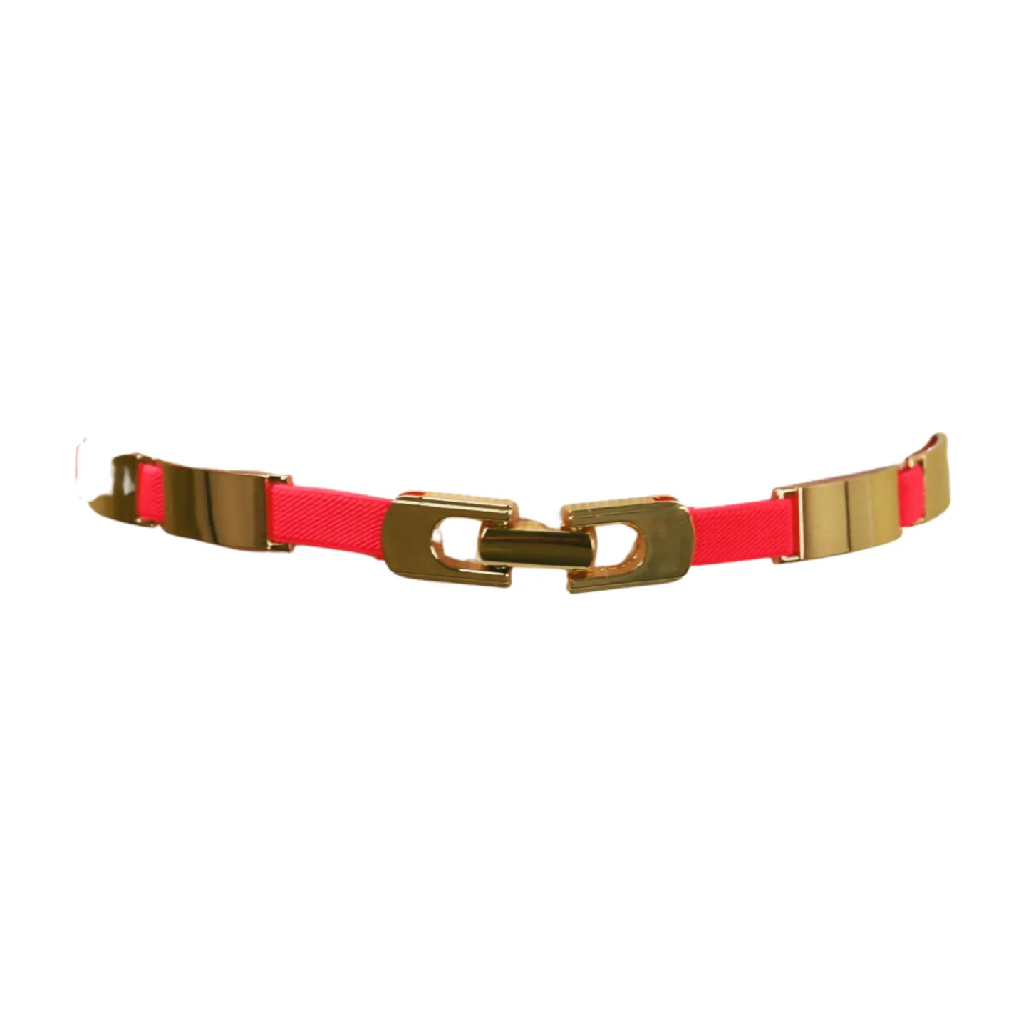 Neon Coral Pink Elastic Skinny Belt Gold Metal Buckle S M L