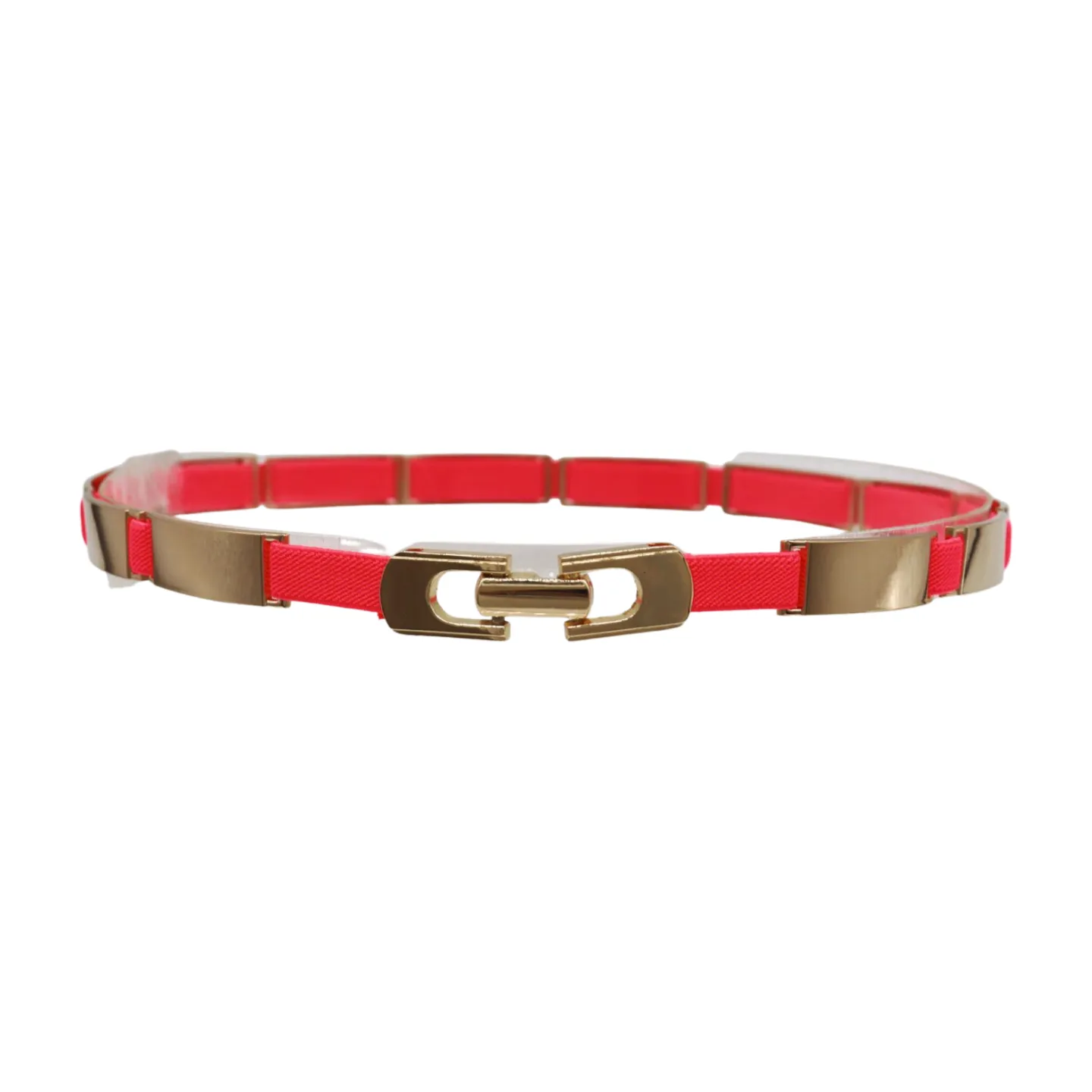 Neon Coral Pink Elastic Skinny Belt Gold Metal Buckle S M L