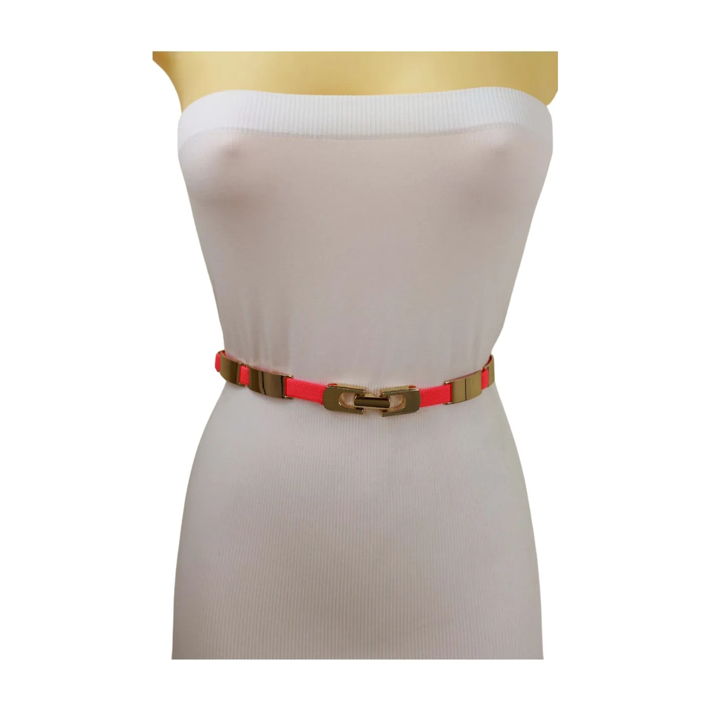 Neon Coral Pink Elastic Skinny Belt Gold Metal Buckle S M L