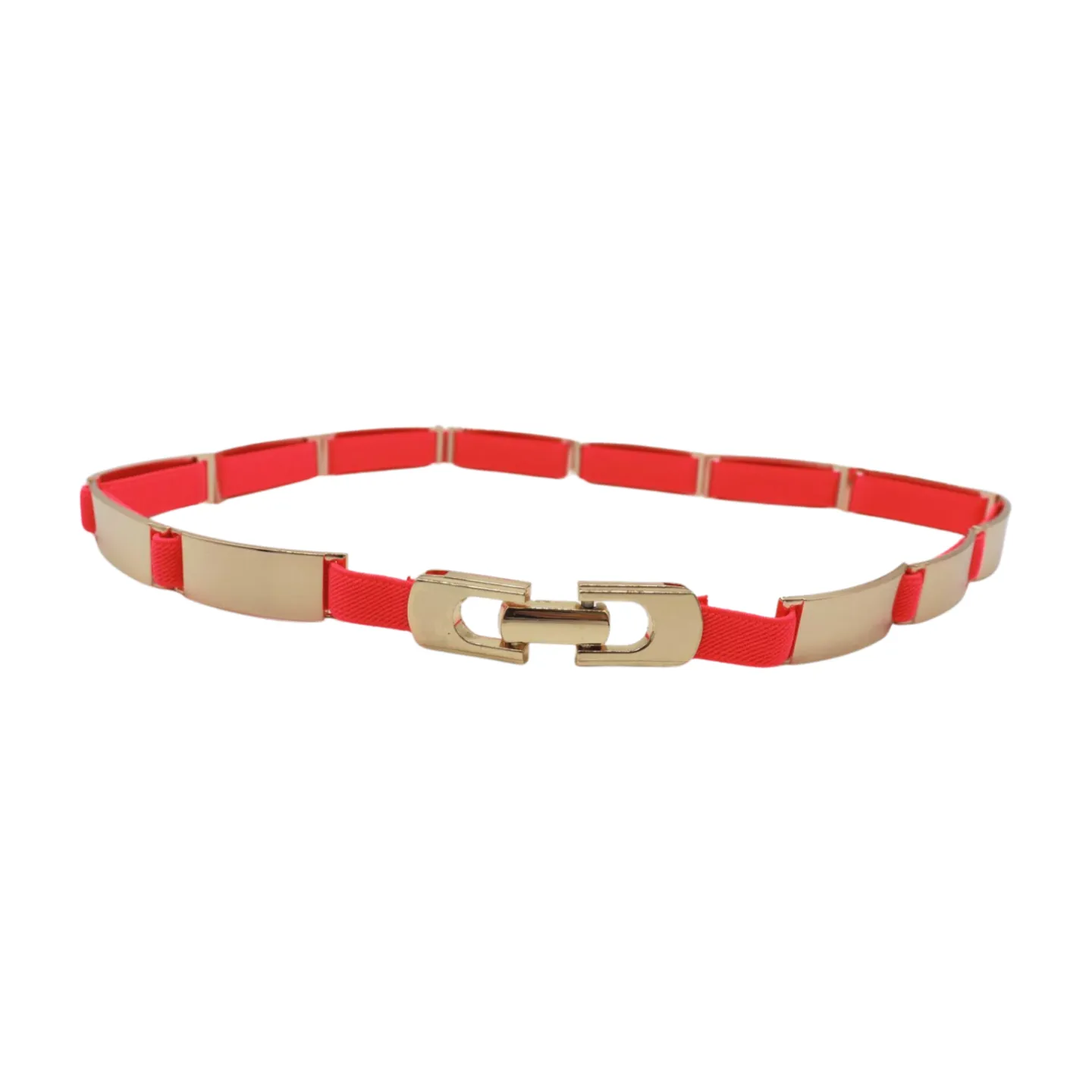 Neon Coral Pink Elastic Skinny Belt Gold Metal Buckle S M L