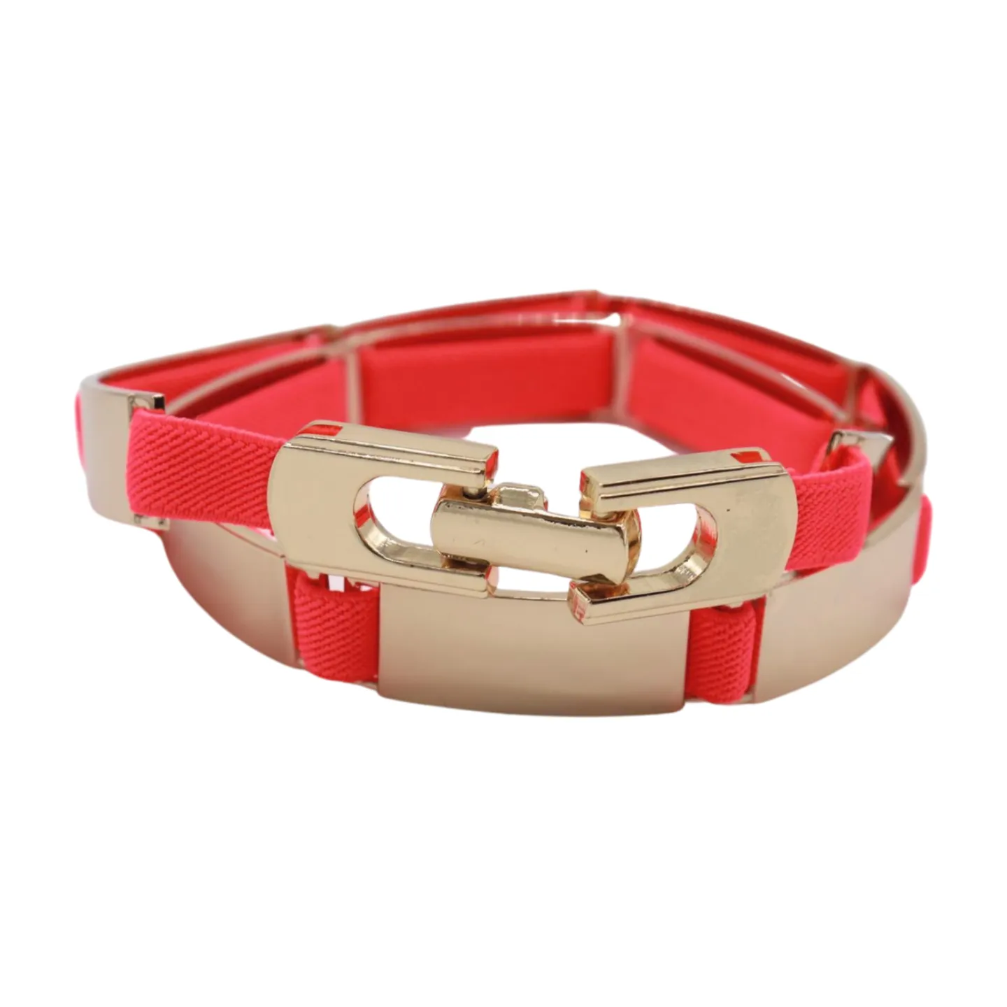 Neon Coral Pink Elastic Skinny Belt Gold Metal Buckle S M L