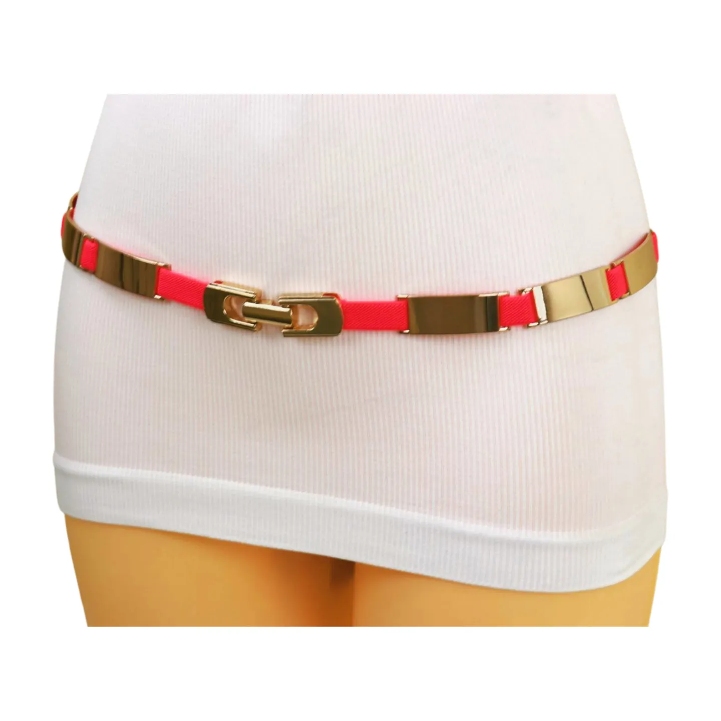 Neon Coral Pink Elastic Skinny Belt Gold Metal Buckle S M L