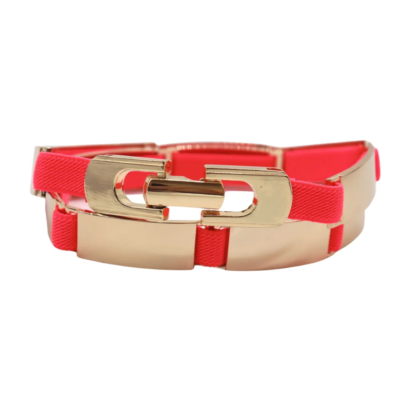 Neon Coral Pink Elastic Skinny Belt Gold Metal Buckle S M L