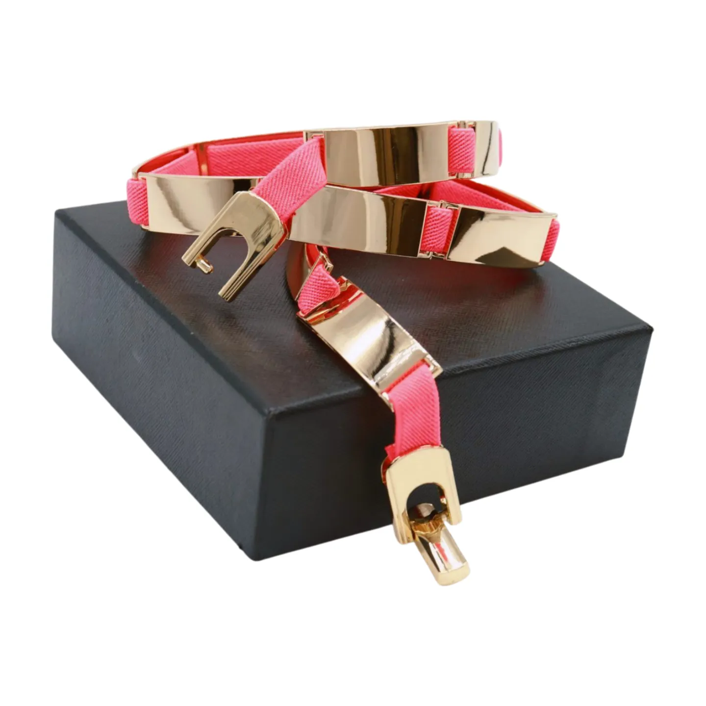 Neon Coral Pink Elastic Skinny Belt Gold Metal Buckle S M L