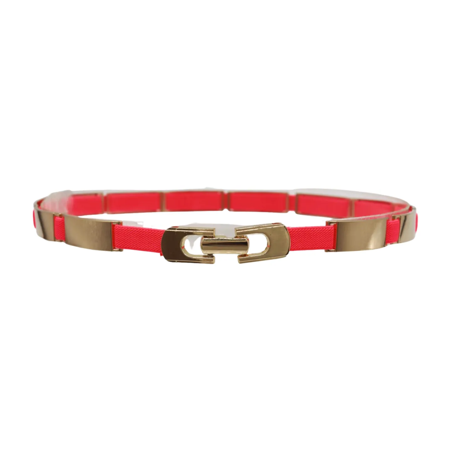 Neon Coral Pink Elastic Skinny Belt Gold Metal Buckle S M L