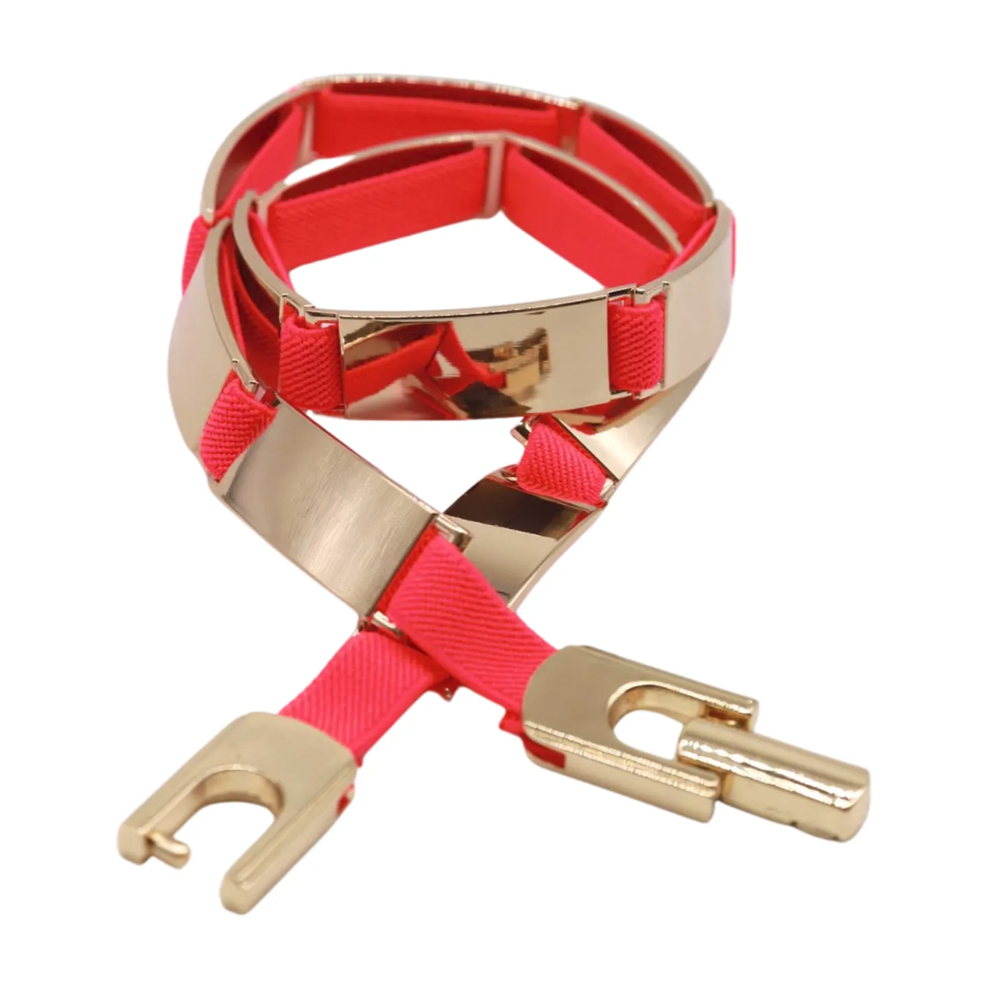 Neon Coral Pink Elastic Skinny Belt Gold Metal Buckle S M L