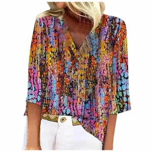 NEW  2024 Women's Summer Casual 3/4 Sleeve Shirts Lace V Neck Dressy Tops Trendy Vacation Boho Floral Blouses floral Top silk shirt stripe work, Sz M