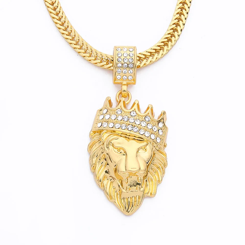 New Color Gold color Alloy 78cm Chain Men Lion Head Pendant Inlay Rhinestone Necklace HipHop Lion King Crown Franco Chain