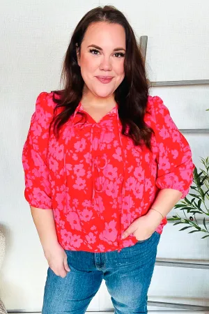New Day Red Ribbon Bow Detail Floral Woven Blouse