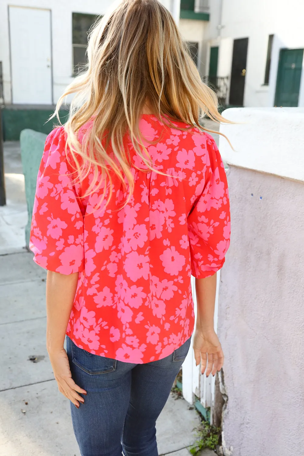 New Day Red Ribbon Bow Detail Floral Woven Blouse
