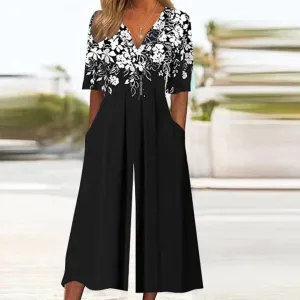NEW Retails $94, Black Floral Print Half Sleeve Jumpsuit, Sz XL