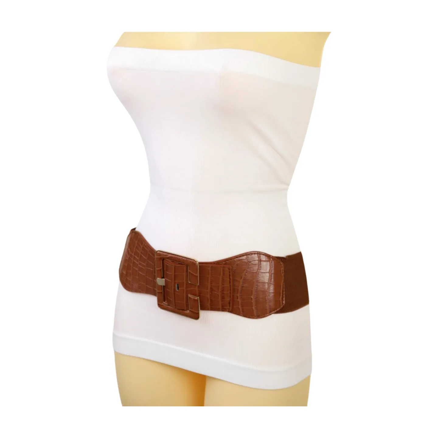 New Women Brown Wide Elastic Band Fashion Belt Hip High Waist Big Square Buckle S M