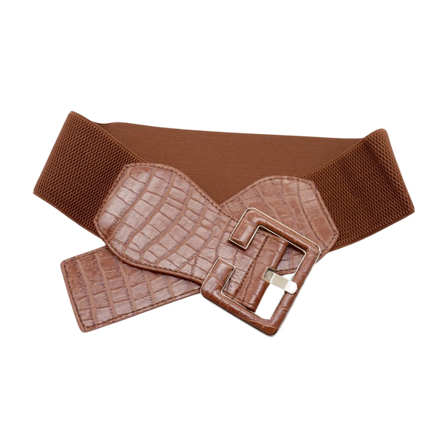 New Women Brown Wide Elastic Band Fashion Belt Hip High Waist Big Square Buckle S M