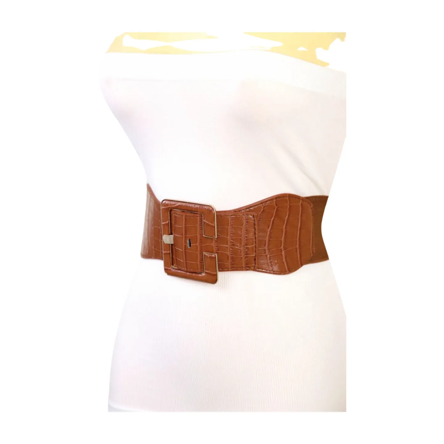 New Women Brown Wide Elastic Band Fashion Belt Hip High Waist Big Square Buckle S M