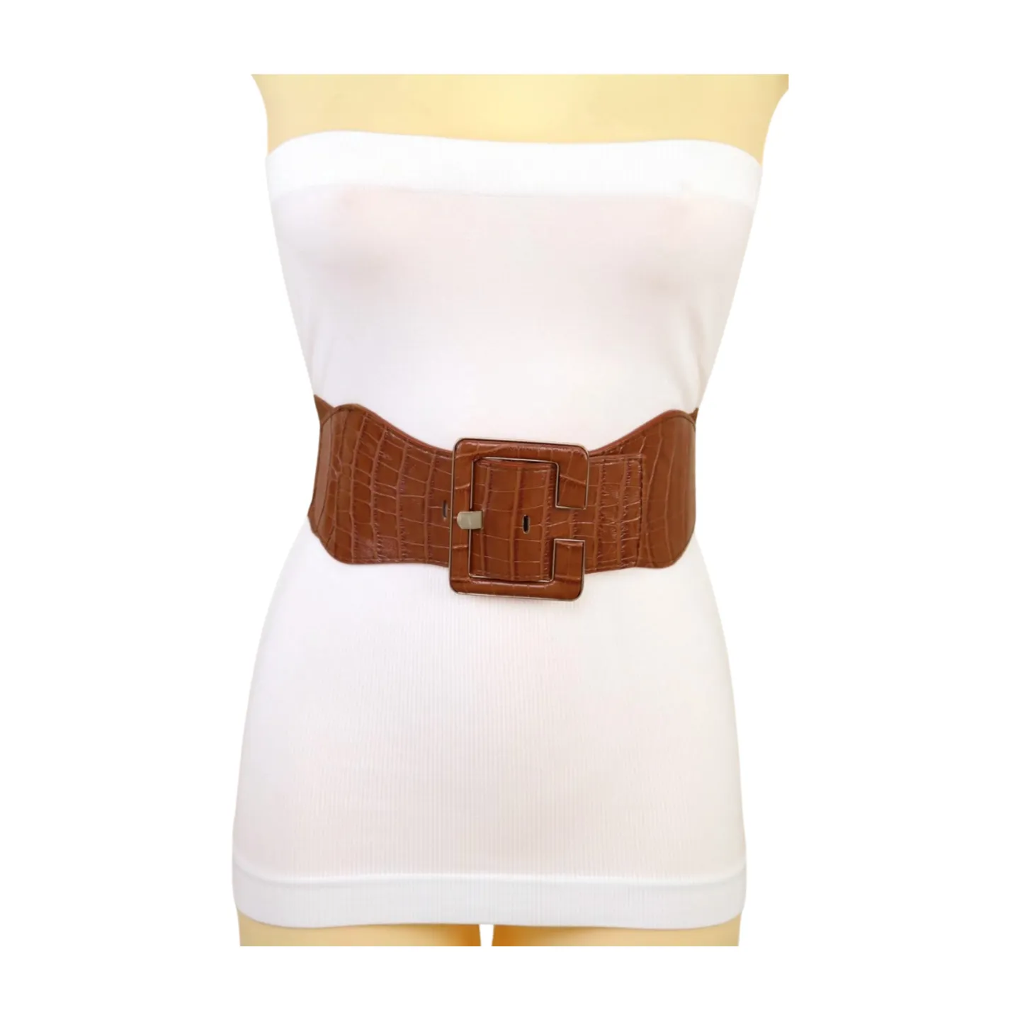 New Women Brown Wide Elastic Band Fashion Belt Hip High Waist Big Square Buckle S M