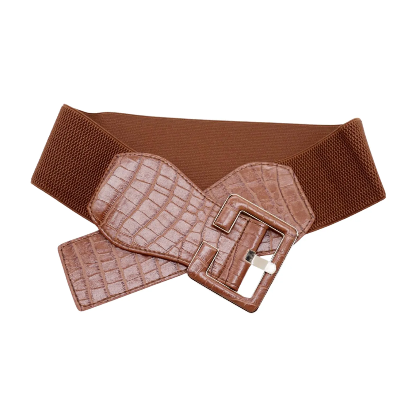 New Women Brown Wide Elastic Band Fashion Belt Hip High Waist Big Square Buckle S M