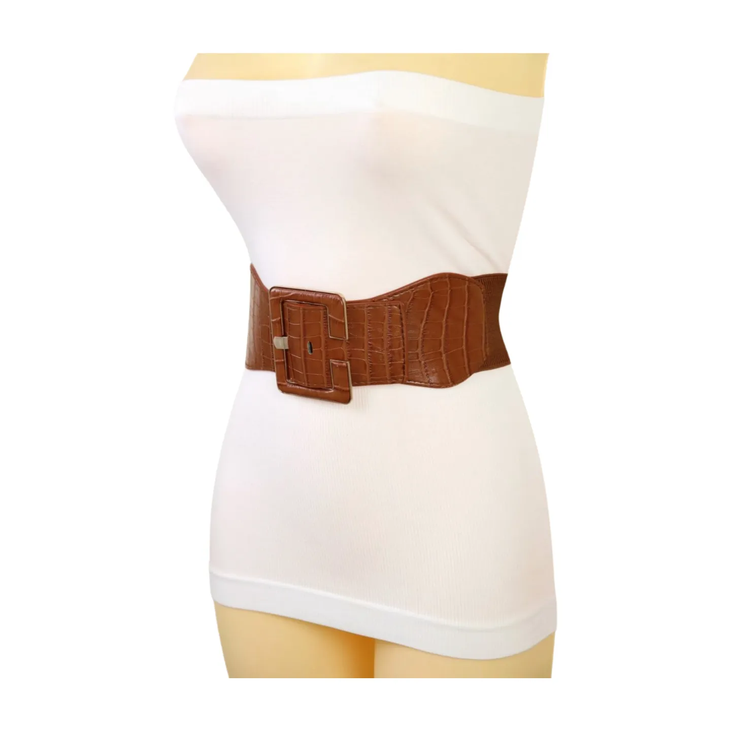 New Women Brown Wide Elastic Band Fashion Belt Hip High Waist Big Square Buckle S M