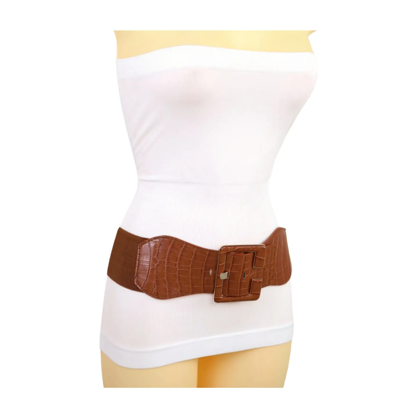 New Women Brown Wide Elastic Band Fashion Belt Hip High Waist Big Square Buckle S M