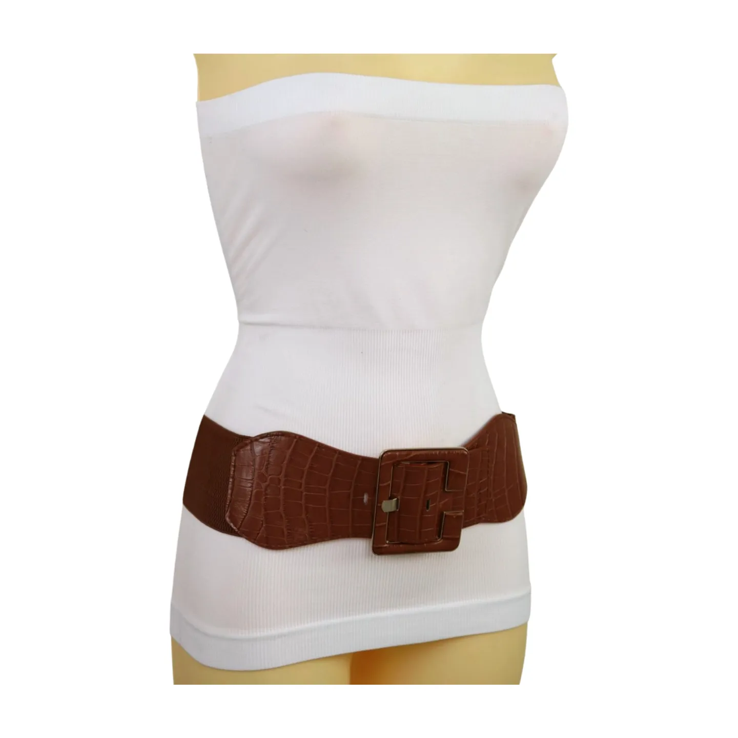 New Women Brown Wide Elastic Band Fashion Belt Hip High Waist Big Square Buckle S M