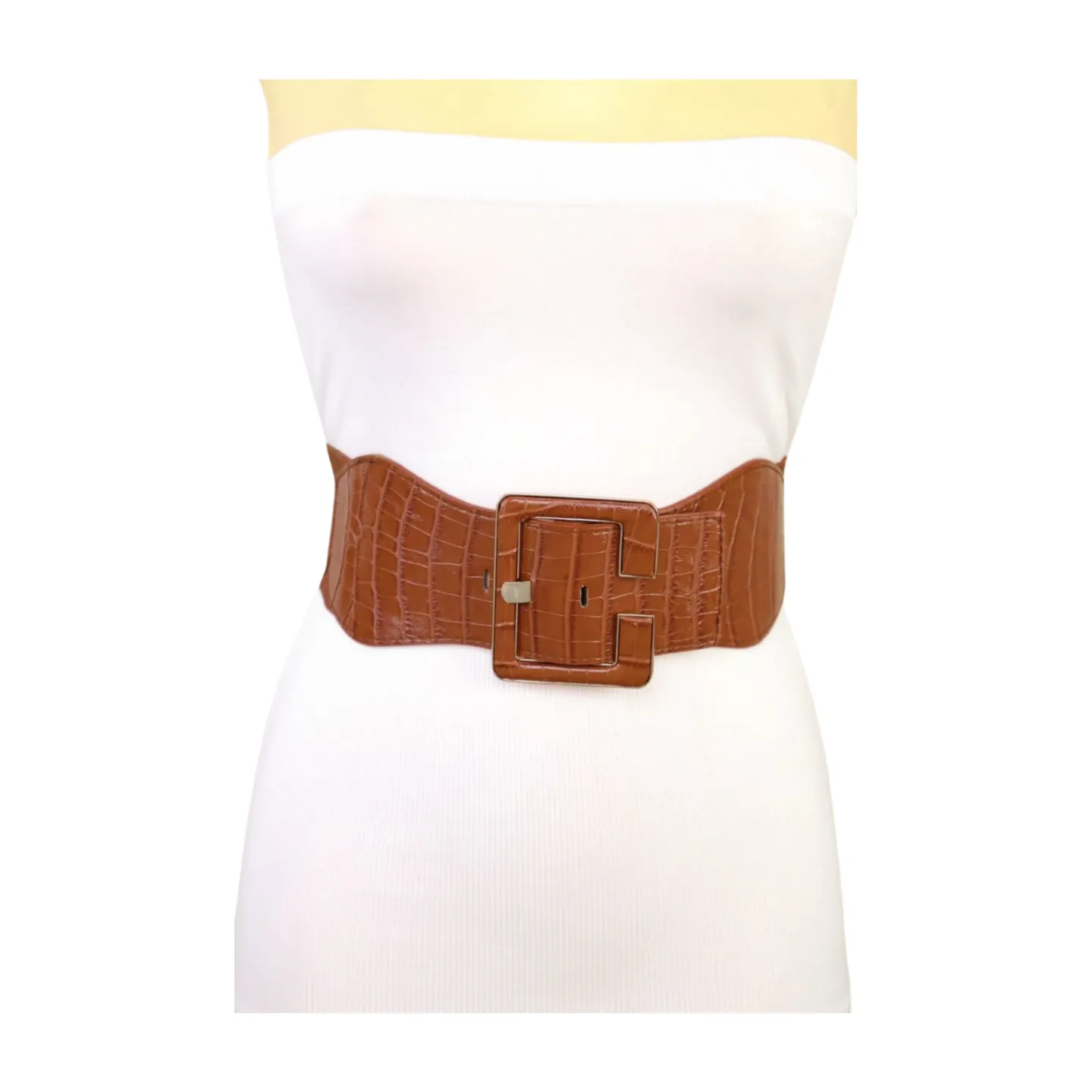 New Women Brown Wide Elastic Band Fashion Belt Hip High Waist Big Square Buckle S M