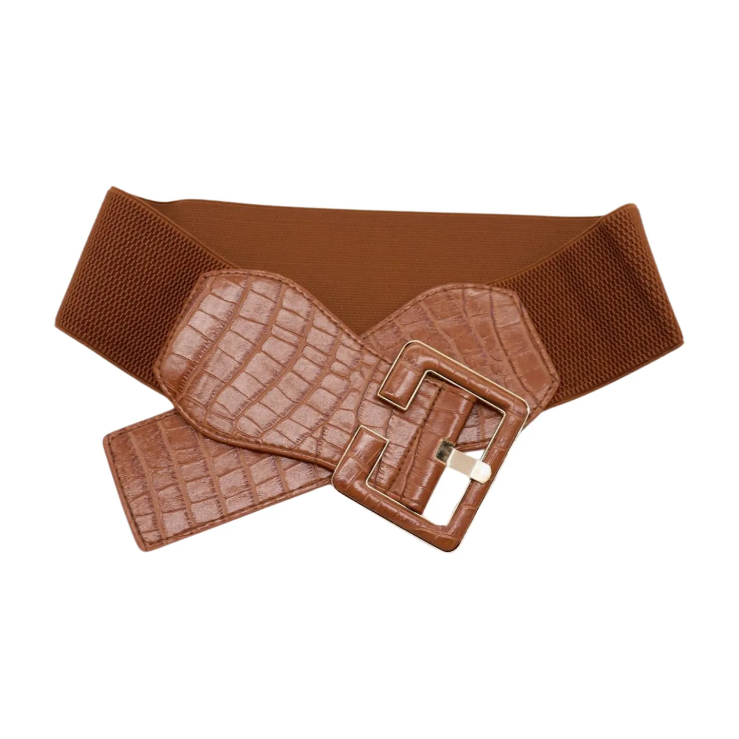 New Women Brown Wide Elastic Band Fashion Belt Hip High Waist Big Square Buckle S M