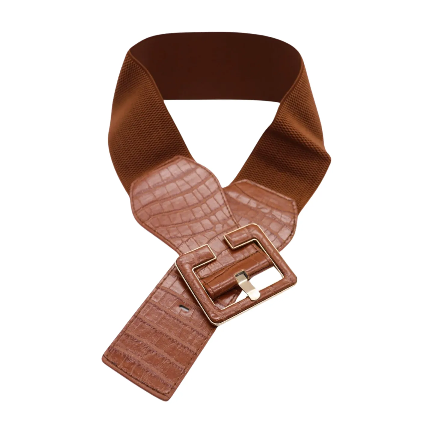 New Women Brown Wide Elastic Band Fashion Belt Hip High Waist Big Square Buckle S M