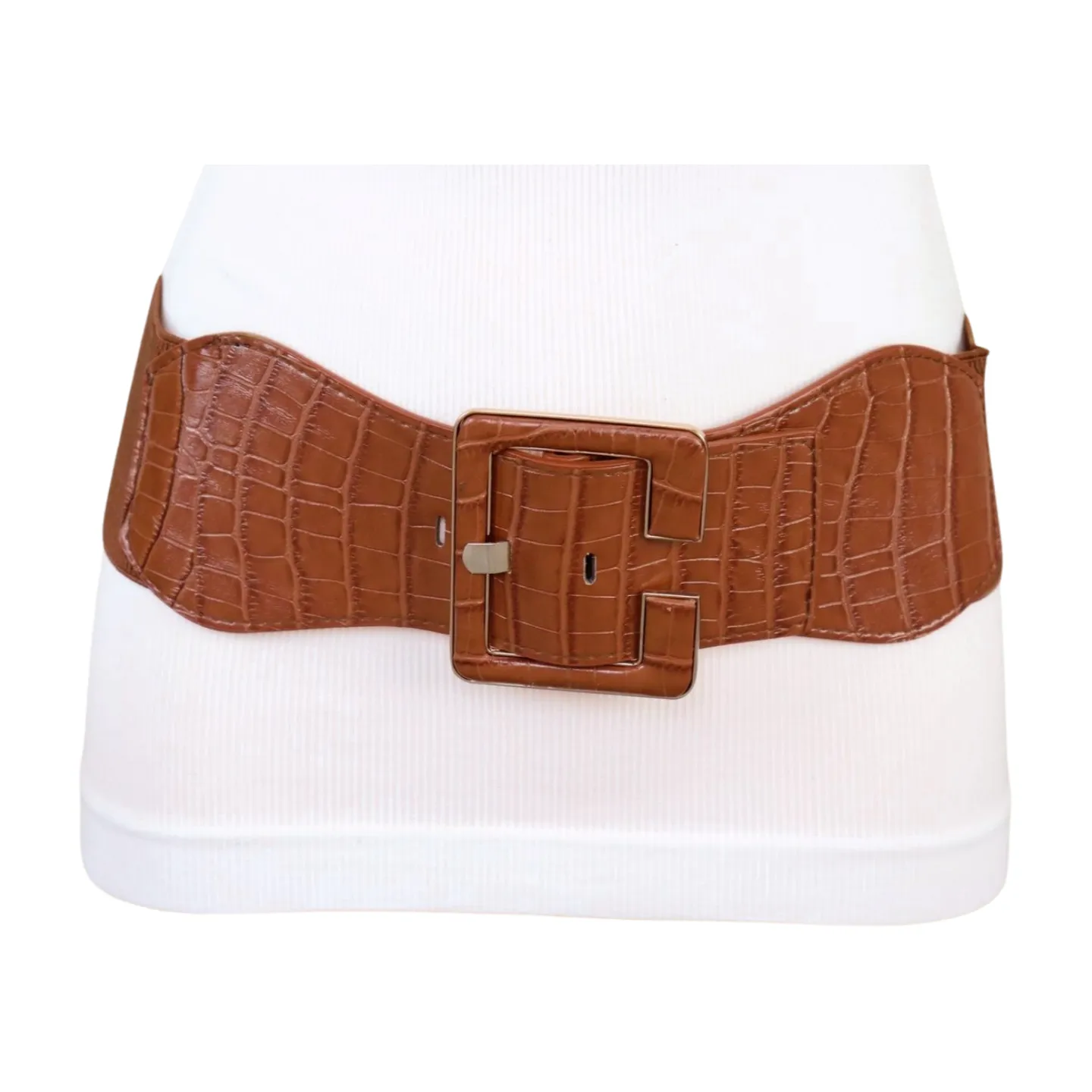 New Women Brown Wide Elastic Band Fashion Belt Hip High Waist Big Square Buckle S M