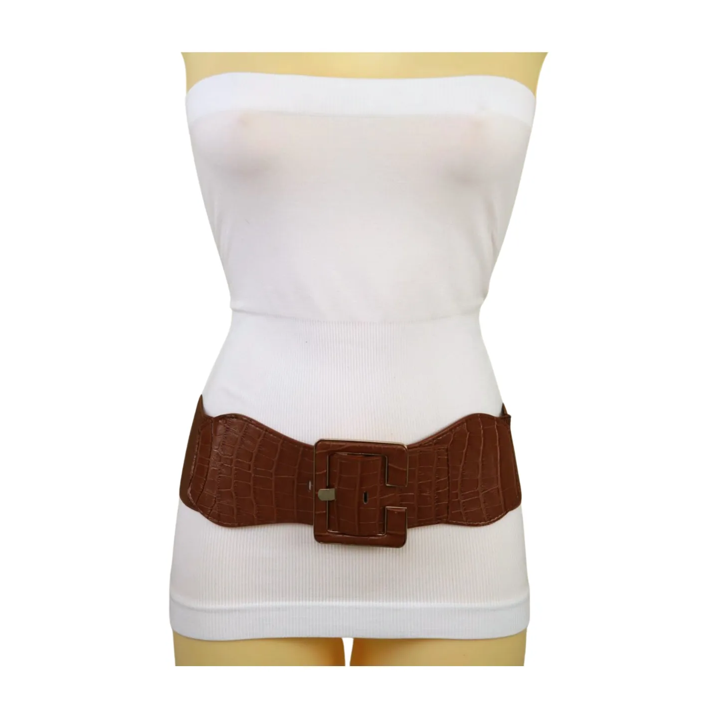 New Women Brown Wide Elastic Band Fashion Belt Hip High Waist Big Square Buckle S M