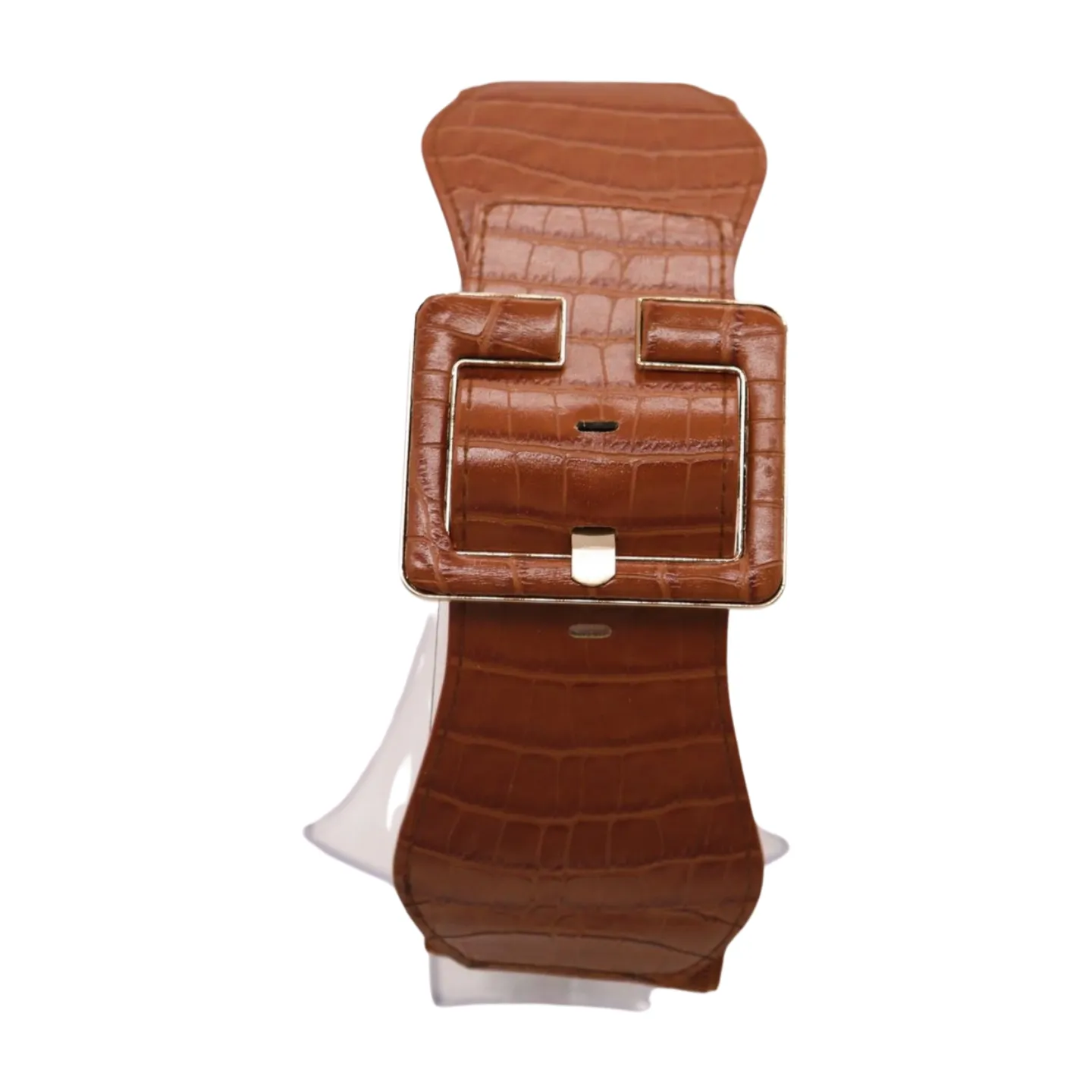New Women Brown Wide Elastic Band Fashion Belt Hip High Waist Big Square Buckle S M
