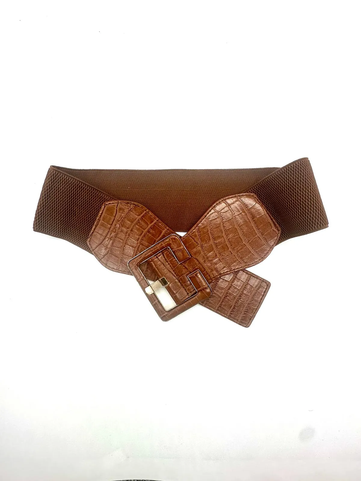 New Women Brown Wide Elastic Band Fashion Belt Hip High Waist Big Square Buckle S M