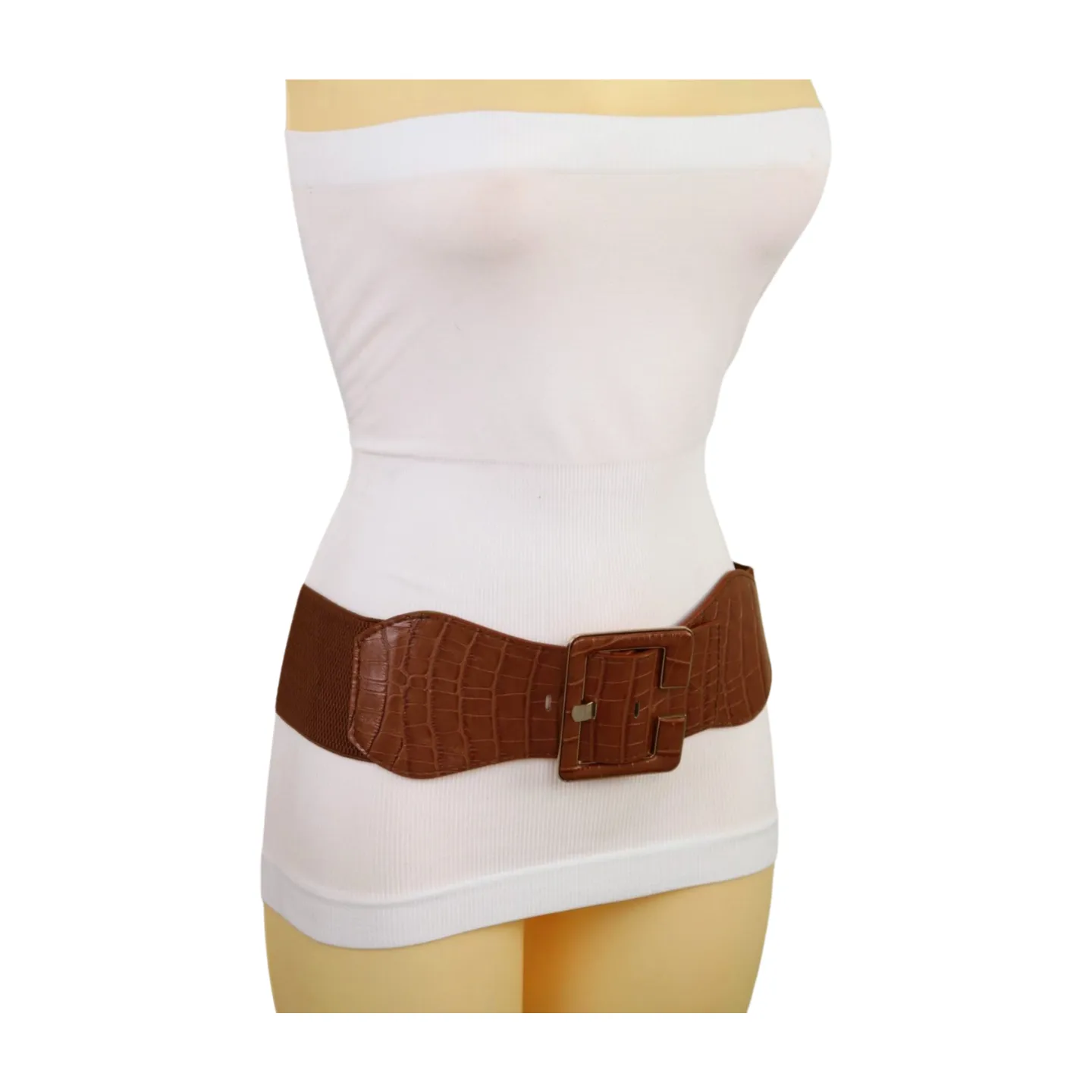 New Women Brown Wide Elastic Band Fashion Belt Hip High Waist Big Square Buckle S M