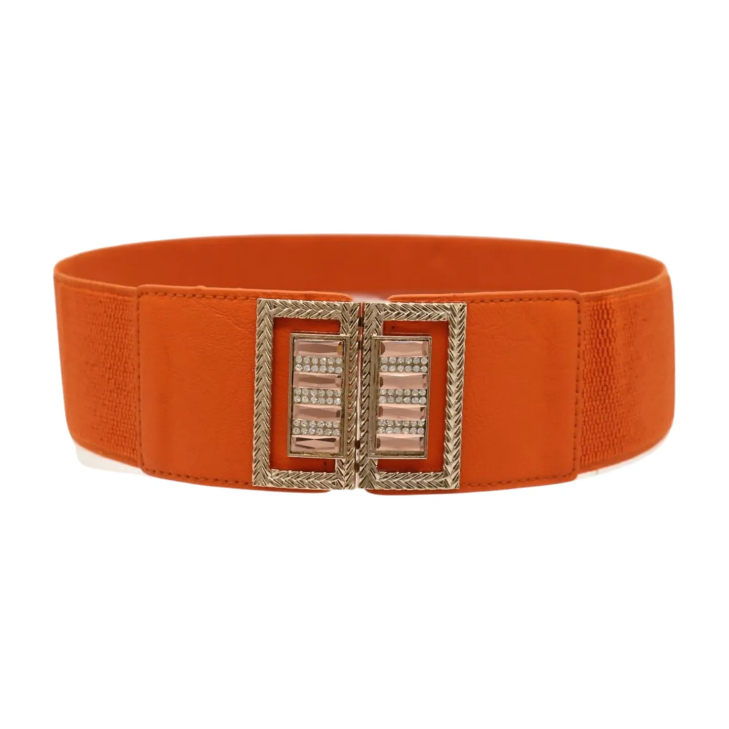 New Women Orange Elastic Belt Gold Bling Square Buckle S M