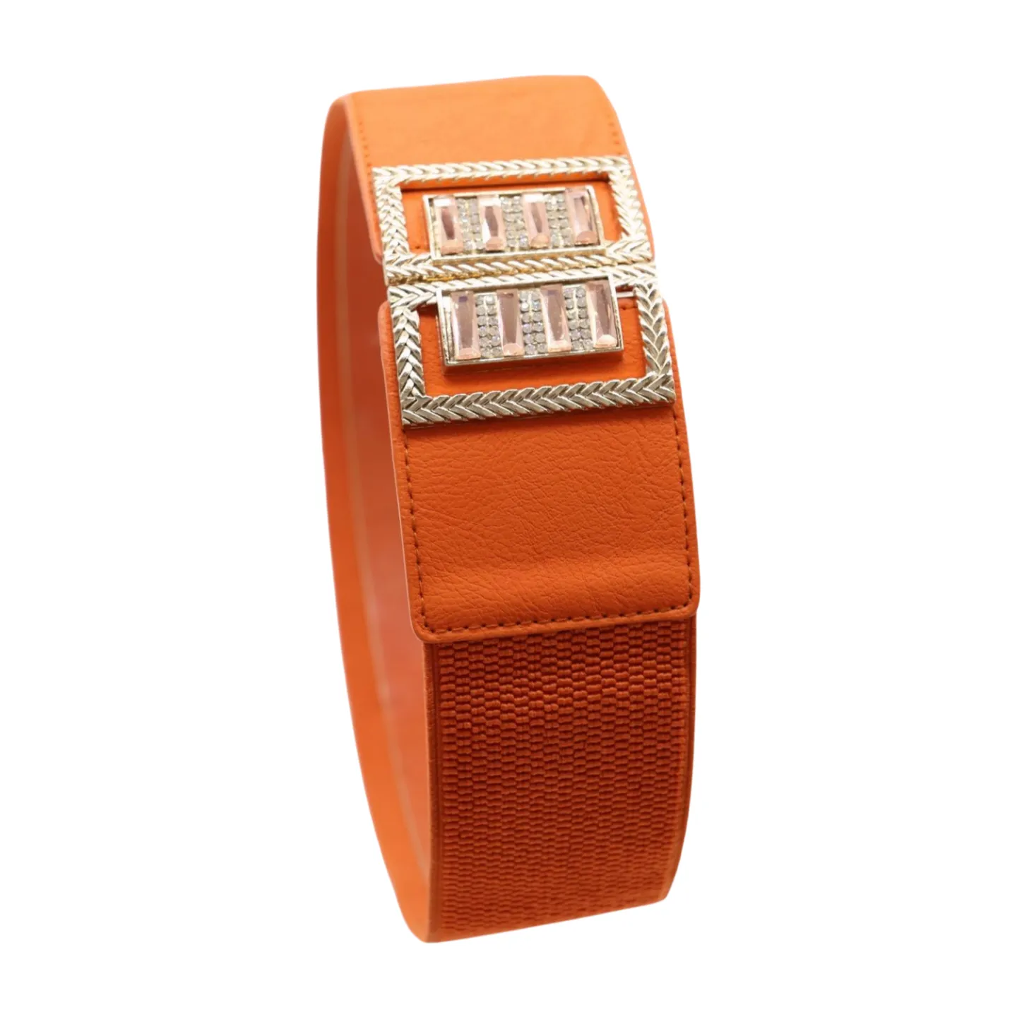 New Women Orange Elastic Belt Gold Bling Square Buckle S M