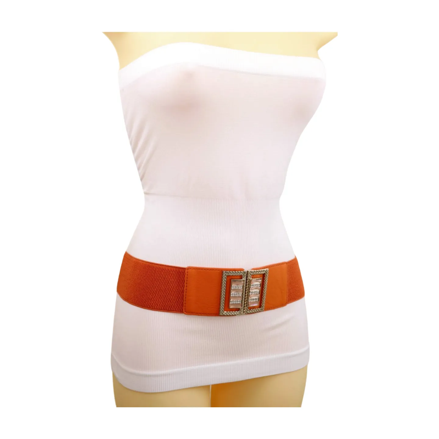 New Women Orange Elastic Belt Gold Bling Square Buckle S M