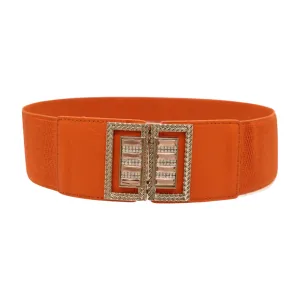 New Women Orange Elastic Belt Gold Bling Square Buckle S M