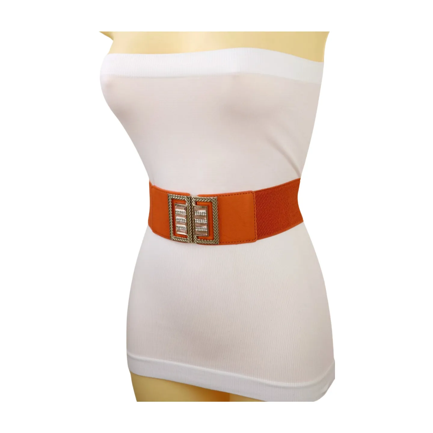New Women Orange Elastic Belt Gold Bling Square Buckle S M