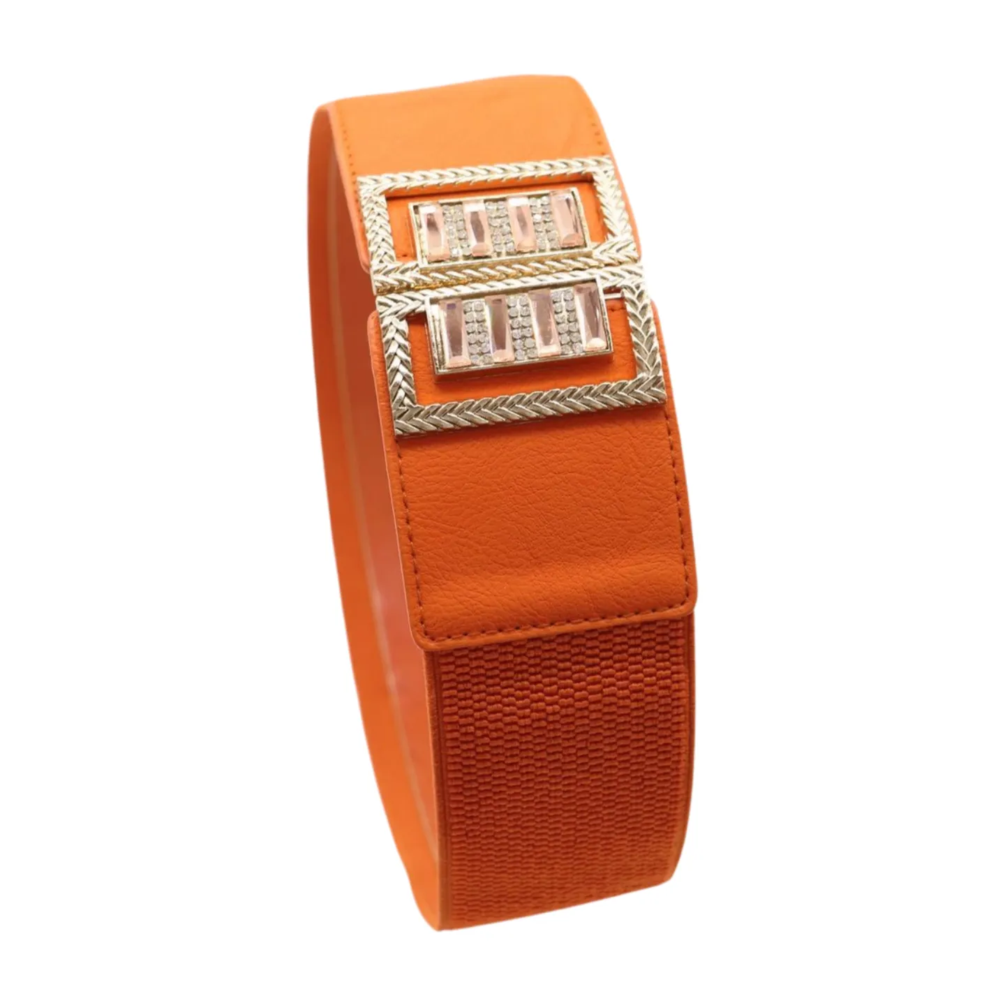 New Women Orange Elastic Belt Gold Bling Square Buckle S M