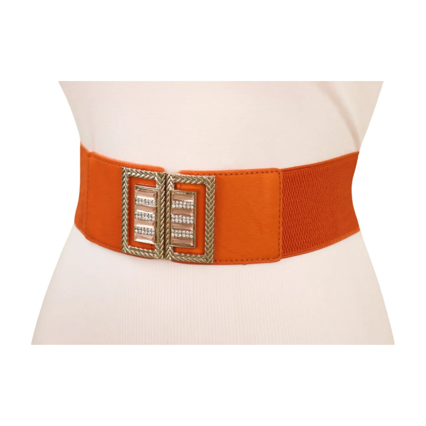 New Women Orange Elastic Belt Gold Bling Square Buckle S M