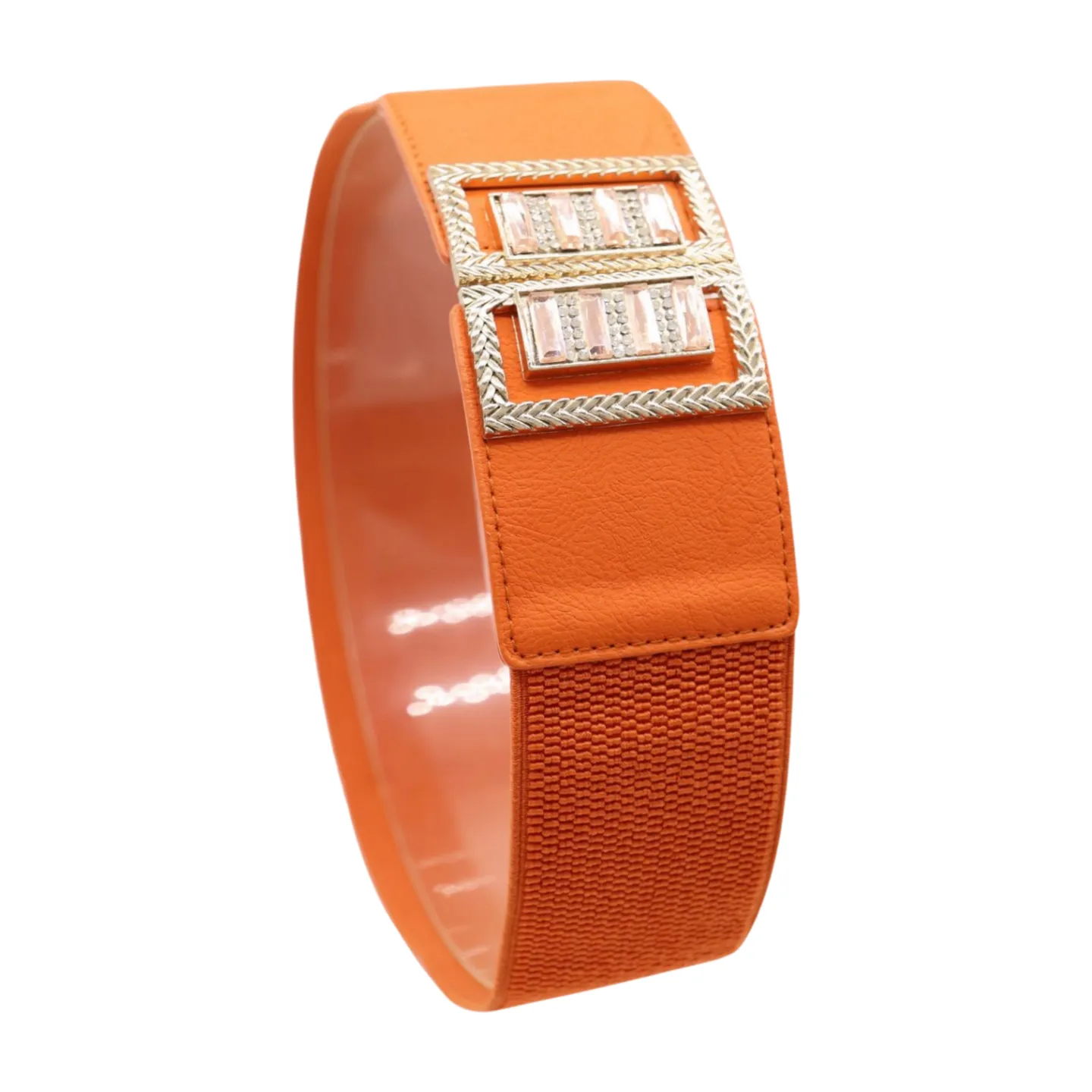 New Women Orange Elastic Belt Gold Bling Square Buckle S M