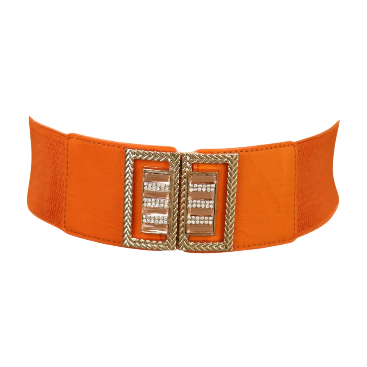 New Women Orange Elastic Belt Gold Bling Square Buckle S M