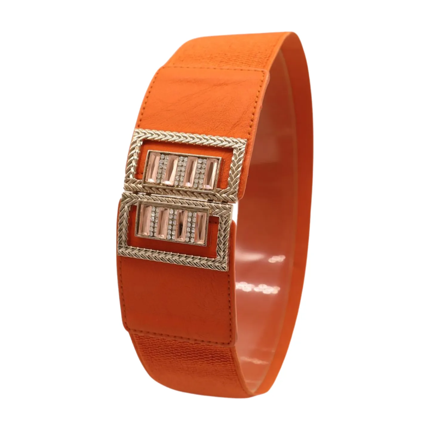 New Women Orange Elastic Belt Gold Bling Square Buckle S M
