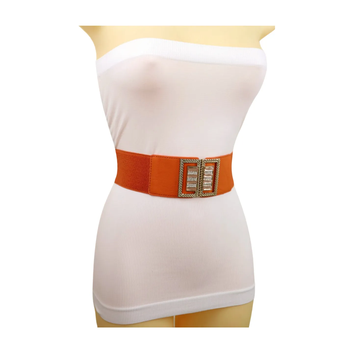 New Women Orange Elastic Belt Gold Bling Square Buckle S M